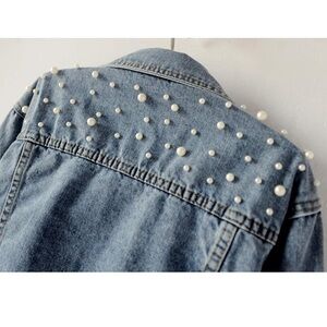 Pearl-Embellished Light Blue Denim Jean Jacket - Women